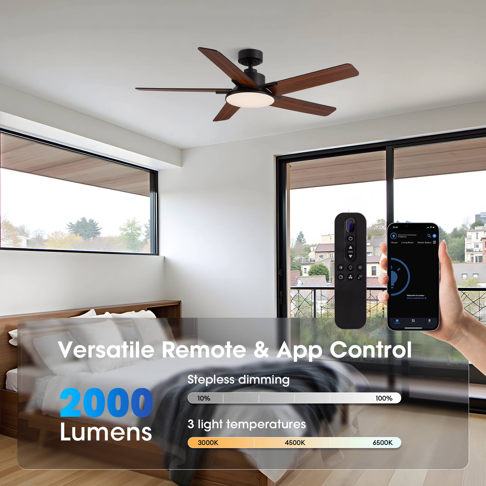 Versatile Remote & App Control  
Stepless dimming 10% 100%  
2000 Lumens  
3 light temperatures  
3000K 4500K 6500K