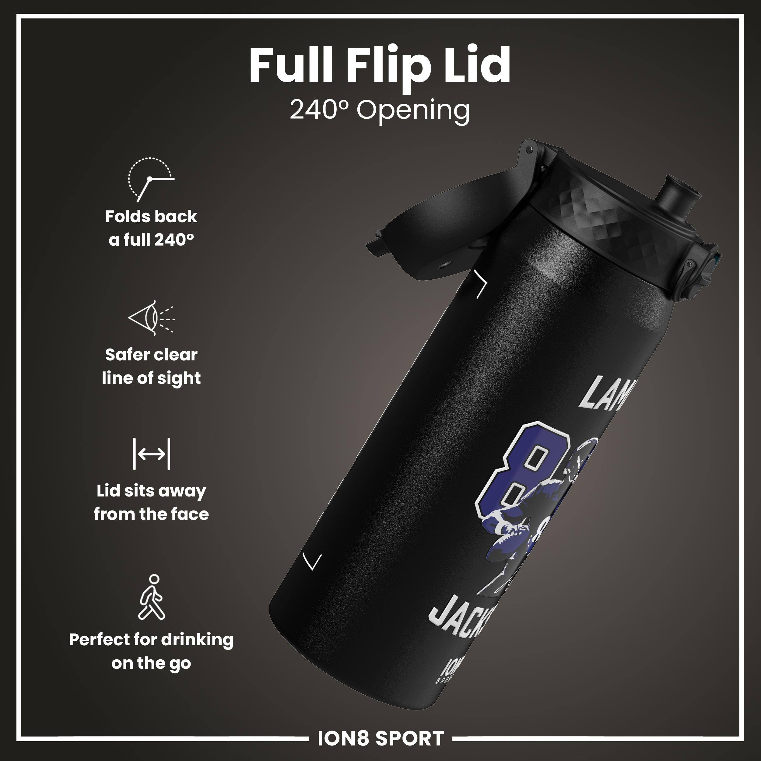 Full Flip Lid  
240° Opening  

- Folds back a full 240°  
- Safer clear line of sight  
- Lid sits away from the face  
- Perfect for drinking on the go  

LAM JACK  
ION8 SPORT
