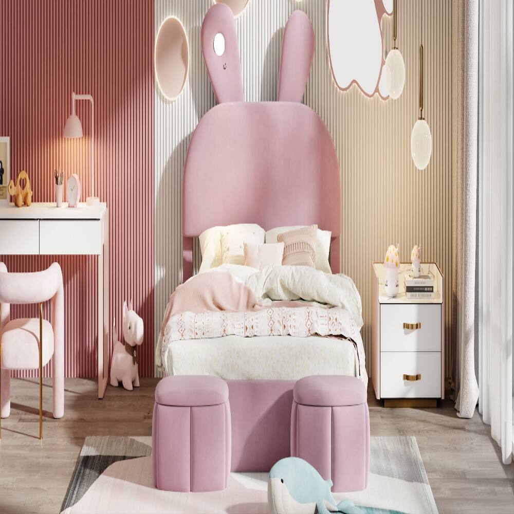 Alt View 10. Loheer - Loheer Full Size Platform Bed Pink Upholstered Cartoon Ears Headboard Kids Velvet Bed with LED Light - Pink.