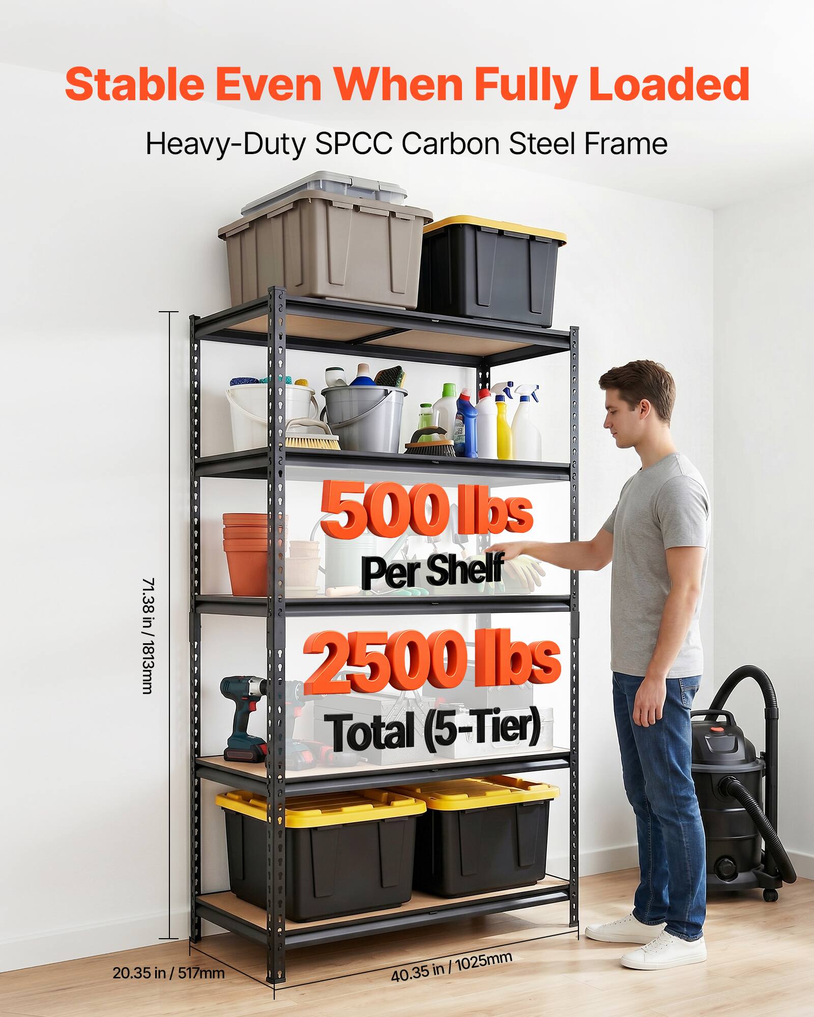 Stable Even When Fully Loaded  
Heavy-Duty SPCC Carbon Steel Frame  
71.38 in / 1813mm  
500 lbs Per Shelf  
2500 lbs Total (5-Tier)  
20.35 in / 517mm  
40.35 in / 1025mm