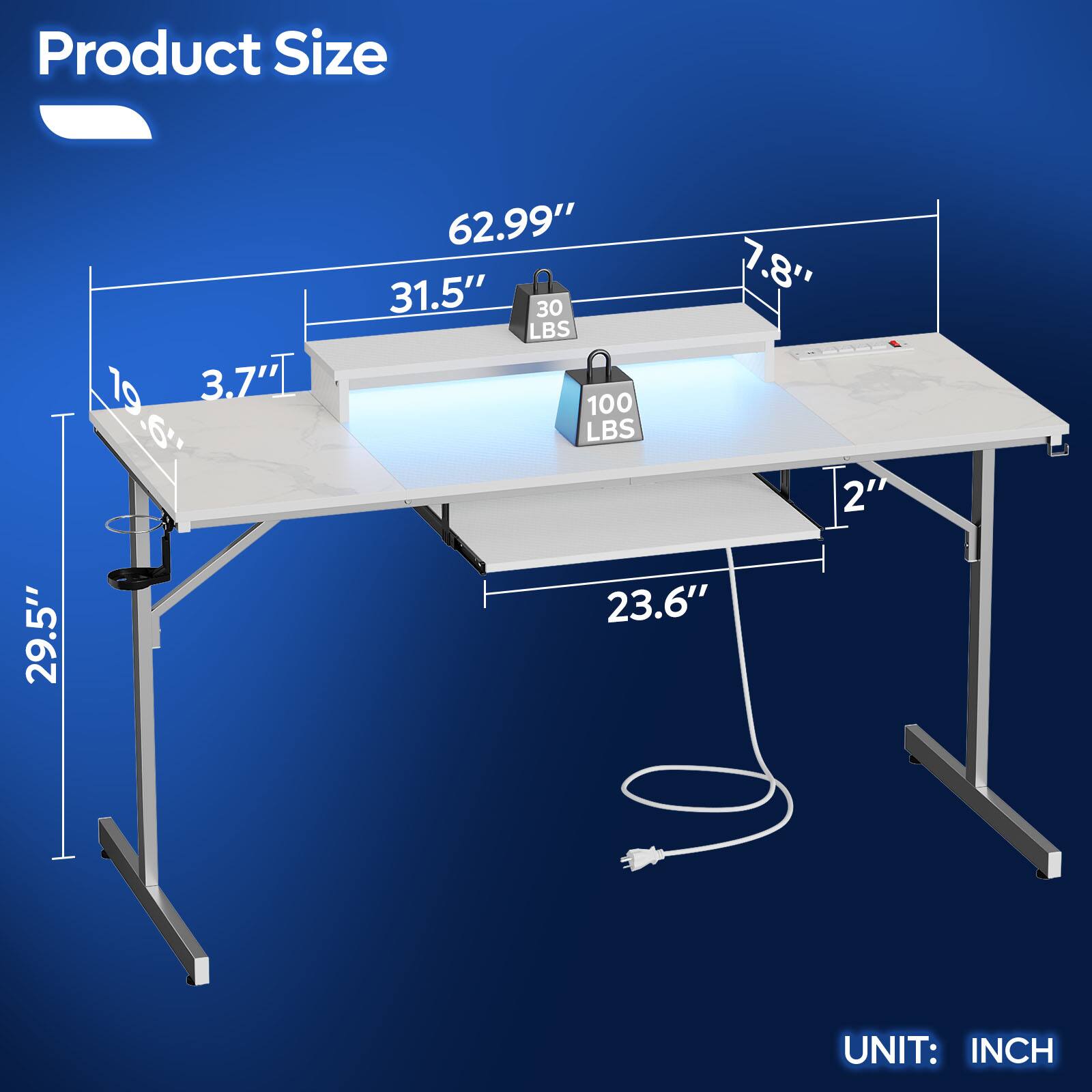 Product Size: 19.6" x 31.5" x 30 lbs.

The image shows a white table with two locks on it, indicating that it is a product size chart. The table is 19.6 inches wide, 31.5 inches long, and weighs 30 pounds. The chart also includes measurements in units of inches and pounds.