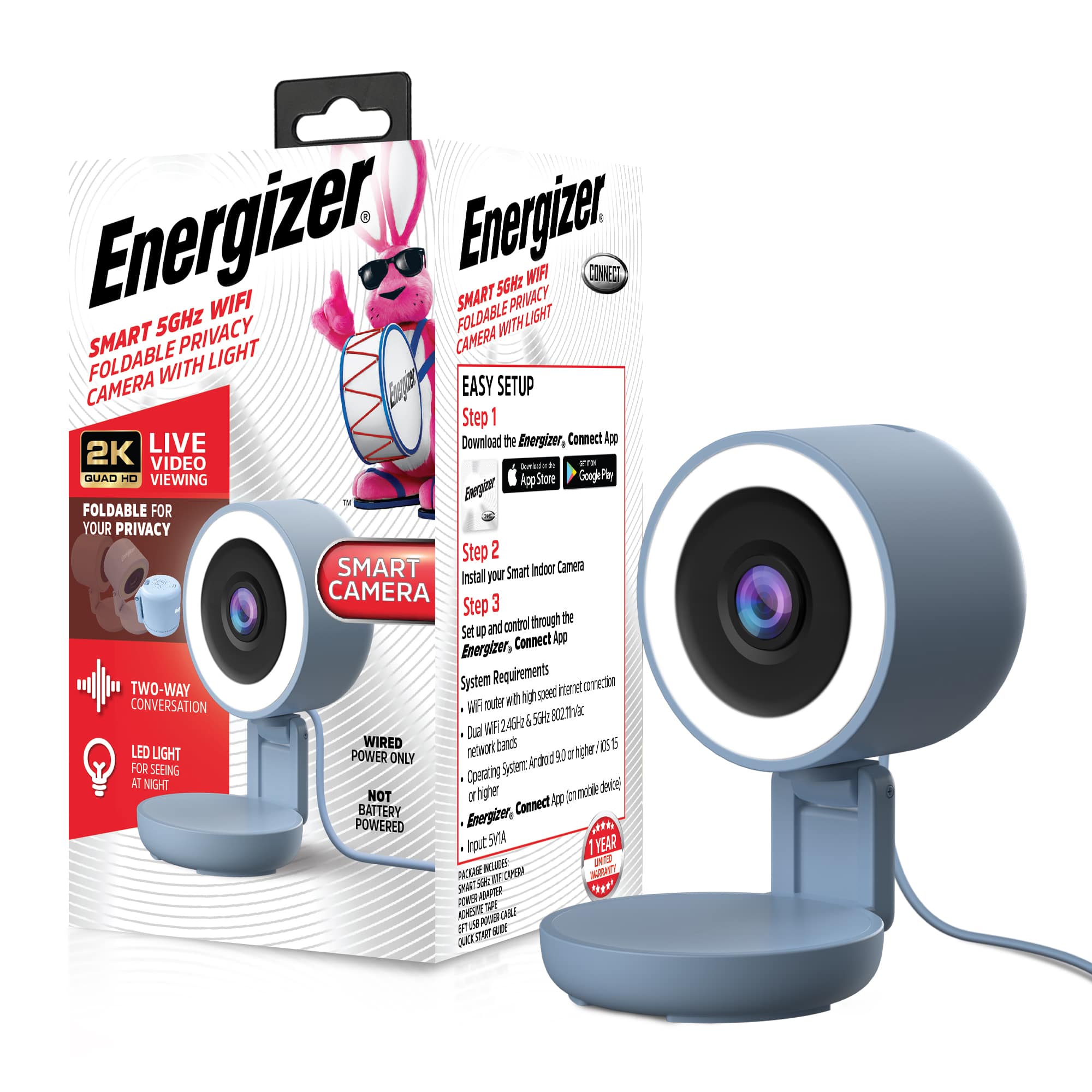 Energizer - Smart 2K Wired Indoor Camera with Light for Night Vision, Foldable for Privacy, 130° Wide Angle - Blue