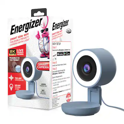 Energizer Smart 5GHz WiFi Privacy Foldable Camera with Light
- 2K Quad HD Viewing
- Live Video
- Foldable for Your Privacy
- Two-Way Conversation
- LED Light for Seeing at Night
- Wired Power Only (Not Battery Powered)
Easy Setup:
Step 1: Download the Energizer, Connect App
- App Store
- Google Play
Step 2: Install your Smart Indoor Camera
Step 3: Set up and control through the Energizer, Connect App
System Requirements:
- WiFi router with high-speed internet connection (802.11n or higher)
- Dual-band 2.4GHz/5GHz network
- Operating System: Android 9.0 or higher / iOS 13.5 or higher
1 Year Warranty
Package Includes:
- Smart Camera
- Power Adapter
- USB Adapter
- Mounting Bracket
- Quick Start Guide