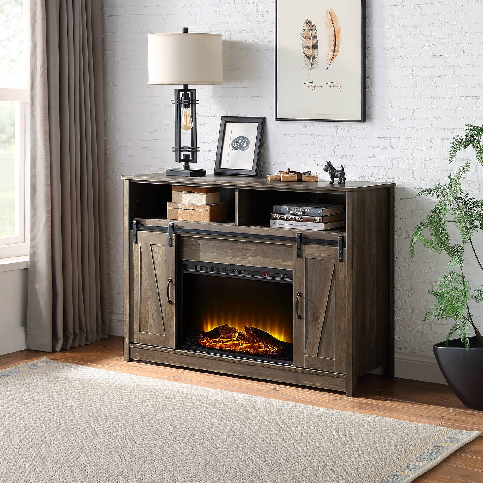 Chateau Abodes - 51" Farmhouse Fireplace TV Stand with Electric Fireplace, Shelf Storage for TVs up to 60" - Oak