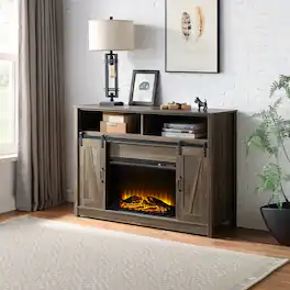 Chateau Abodes - 51" Farmhouse Fireplace TV Stand with Electric Fireplace, Shelf Storage for TVs up to 60" - Oak