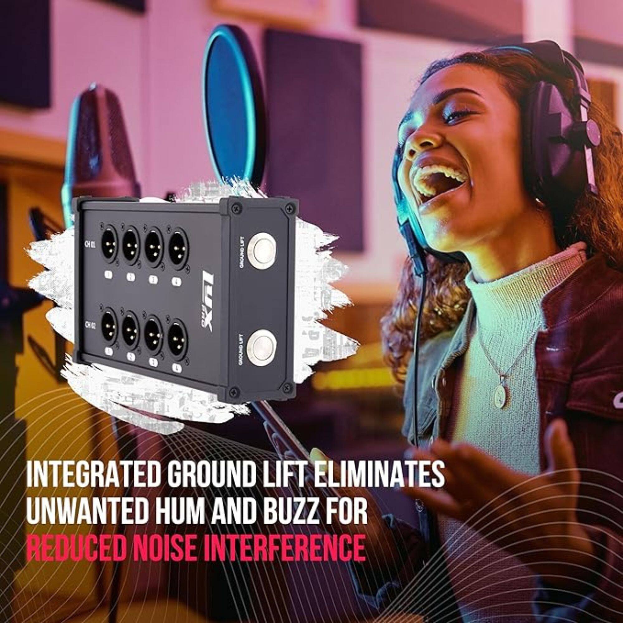 5 I 2 1 & 19X 5 GAOUND-LFT an GROUHD  INTEGRATED GROUND LIFT ELIMINATES UNWANTED HUM AND BUZZ FOR REDUCED NOISE INTERFERENCE