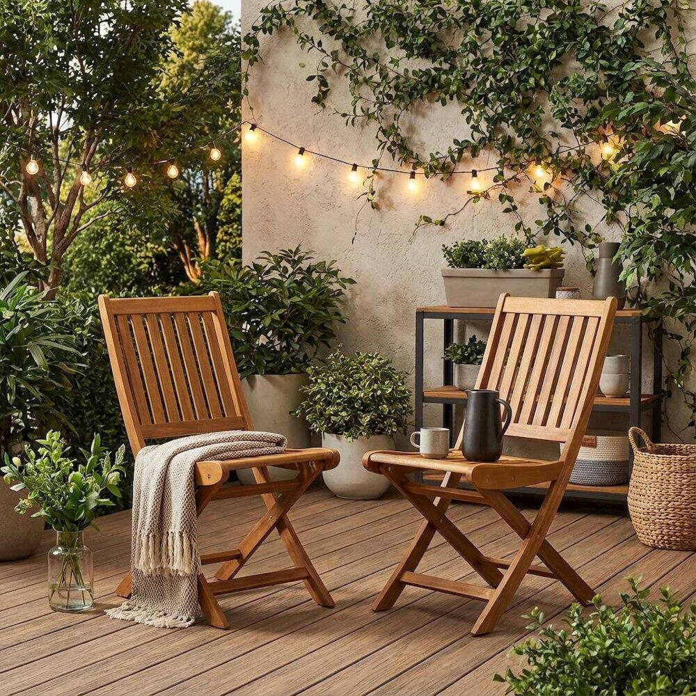 Alt View 2. Outdoor Escape - Outdoor Dining Chairs Oil Finish Set of 2 Slatted Back Wood Seats - Natural Oil.