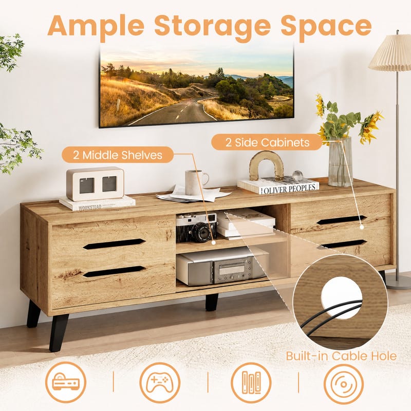 "WELLFOR - Mid Century Modern TV Stand for TVs up to 65"" with Sliding Doors and Cable Hole,Entertainment Centre,Media Console Table - Natural" price history on PriceWatchPro