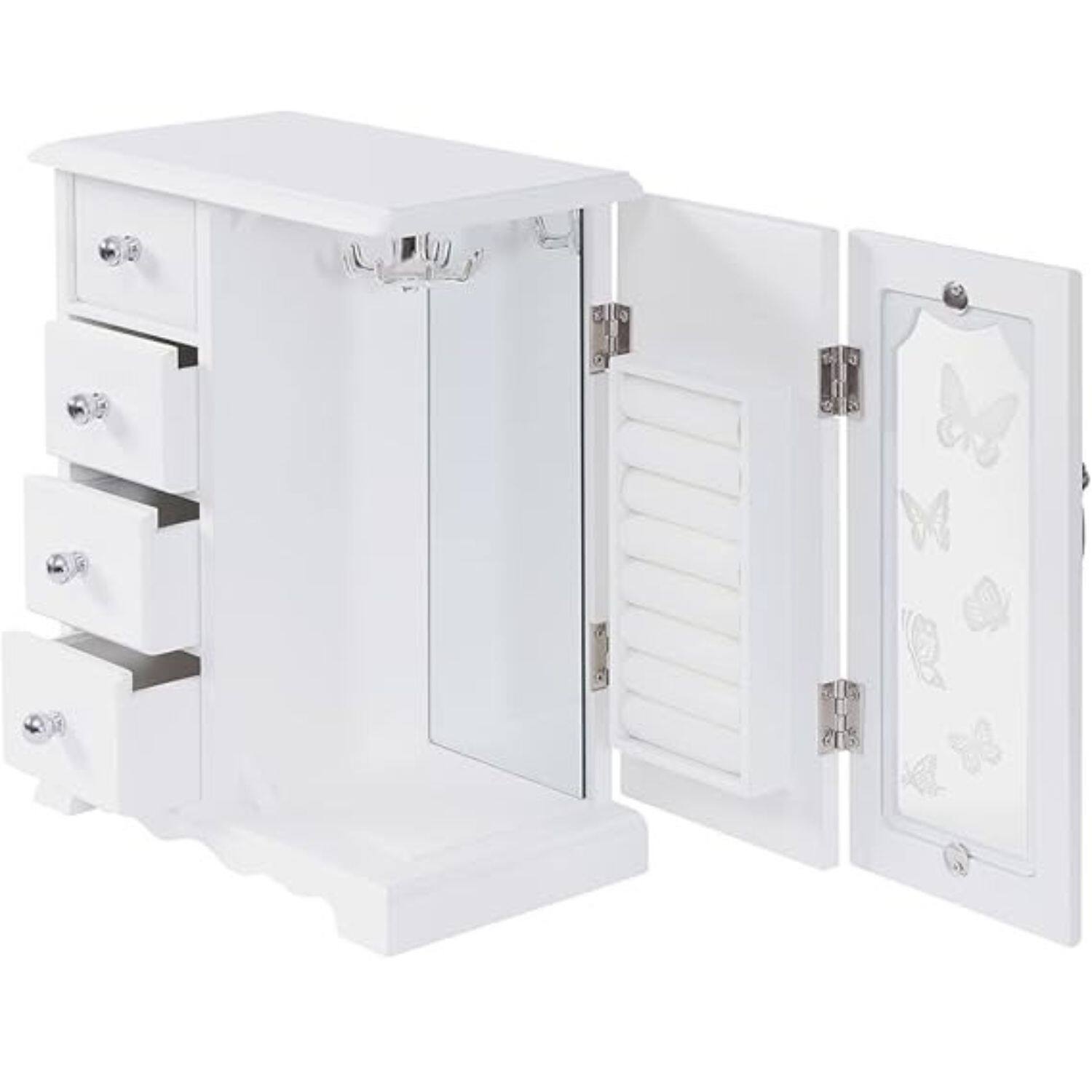 Left. Stock Preferred - White Wooden Jewelry Box with Mirror - White.