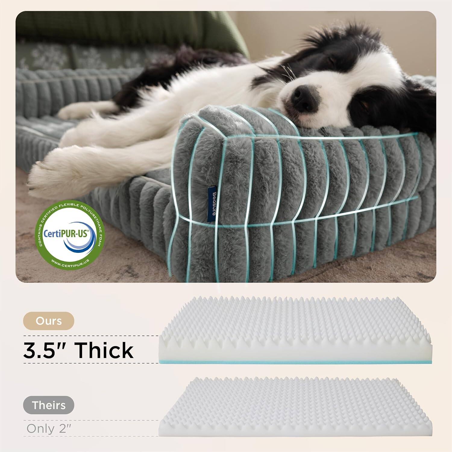 FLEXIBLE CERTIFIED POLYURETHANE CONTAINS CertiPUR-US FOAM

WWW.GEATIFUR.UP

Bedsure

Ours 3.5" Thick

Theirs Only 2"