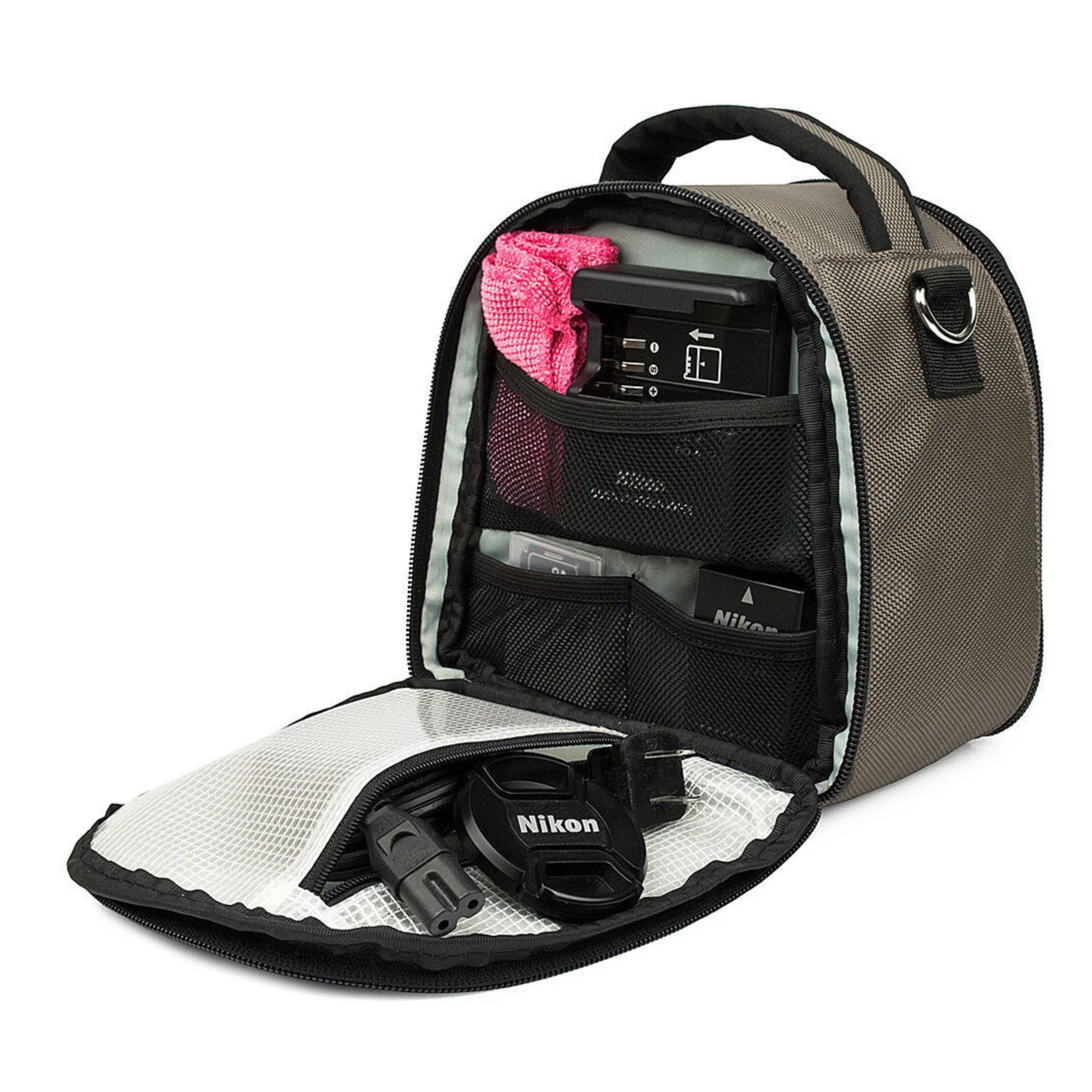 A Nikon bag contains a Nikon camera and accessories.
