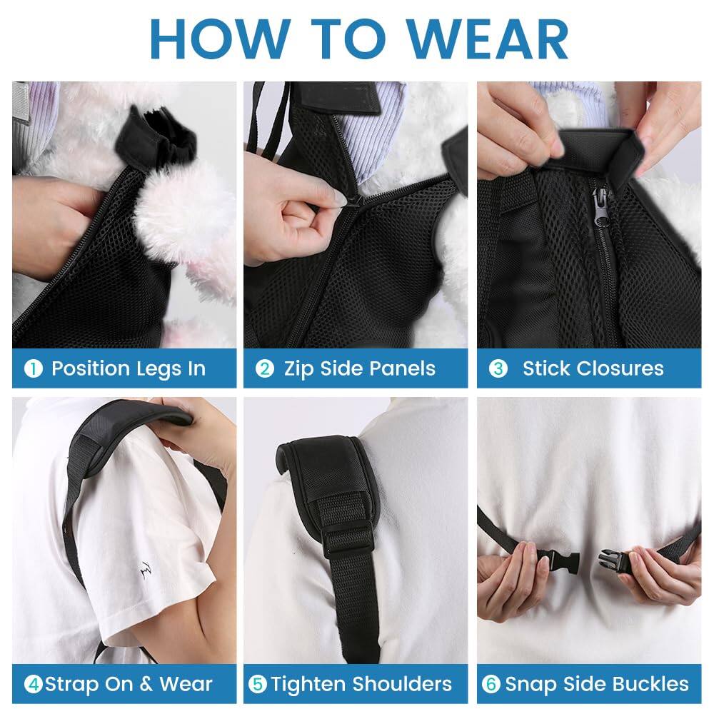 1. Position Legs In  
2. Zip Side Panels  
3. Stick Closures  
4. Strap On & Wear  
5. Tighten Shoulders  
6. Snap Side Buckles