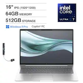 HP - EliteBook Laptop 16.0 WUXGA Display (Intel Ultra 7 165U , 64GB DDR5, 512GB PCIe SSD, Win 11 Pro) w/USB Hub - Pike Silver