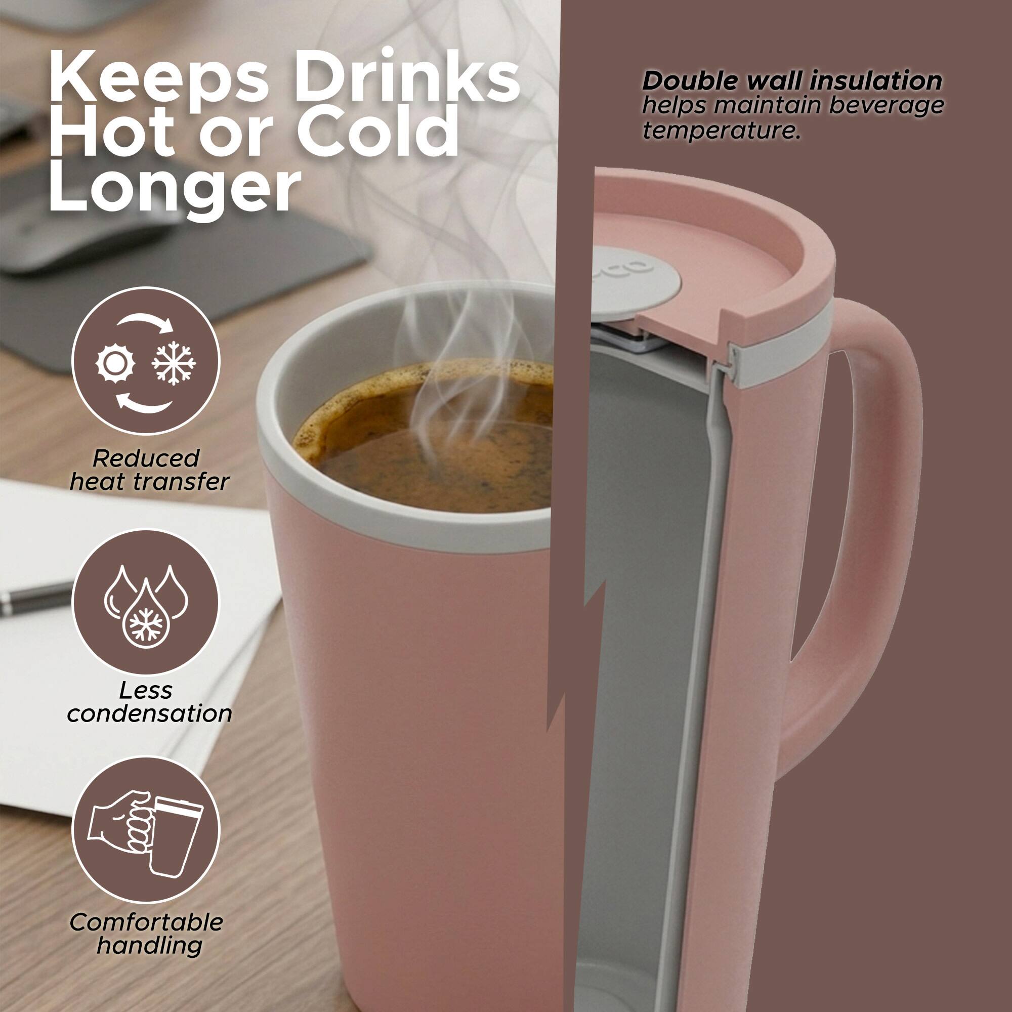 Keeps Drinks Hot or Cold Longer

Double wall insulation helps maintain beverage temperature.

Reduced heat transfer

Less condensation

Comfortable handling