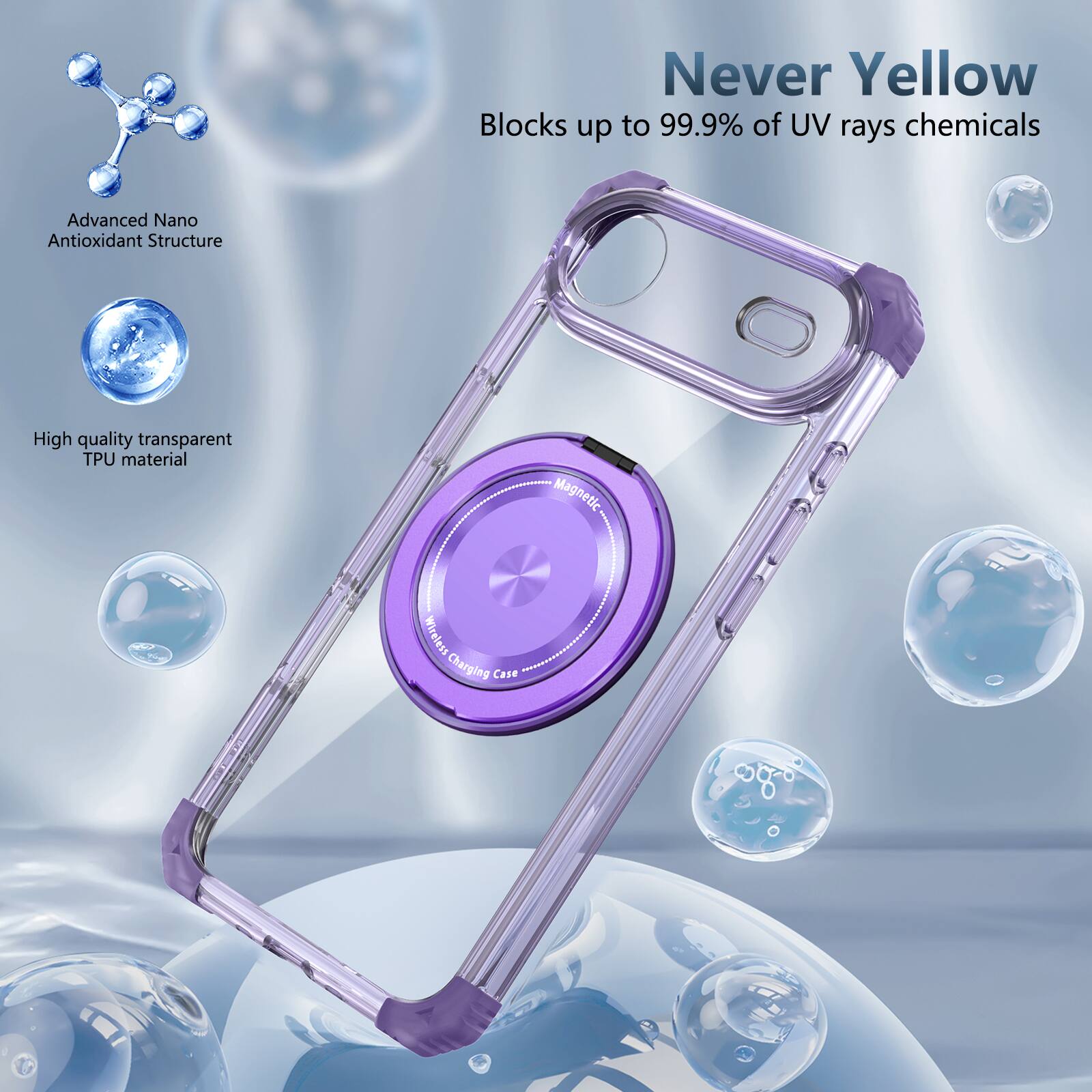Never Yellow  
Blocks up to 99.9% of UV rays chemicals  
Advanced Nano Antioxidant Structure  
High quality transparent TPU material  
Magnetic Wireless Charging Case