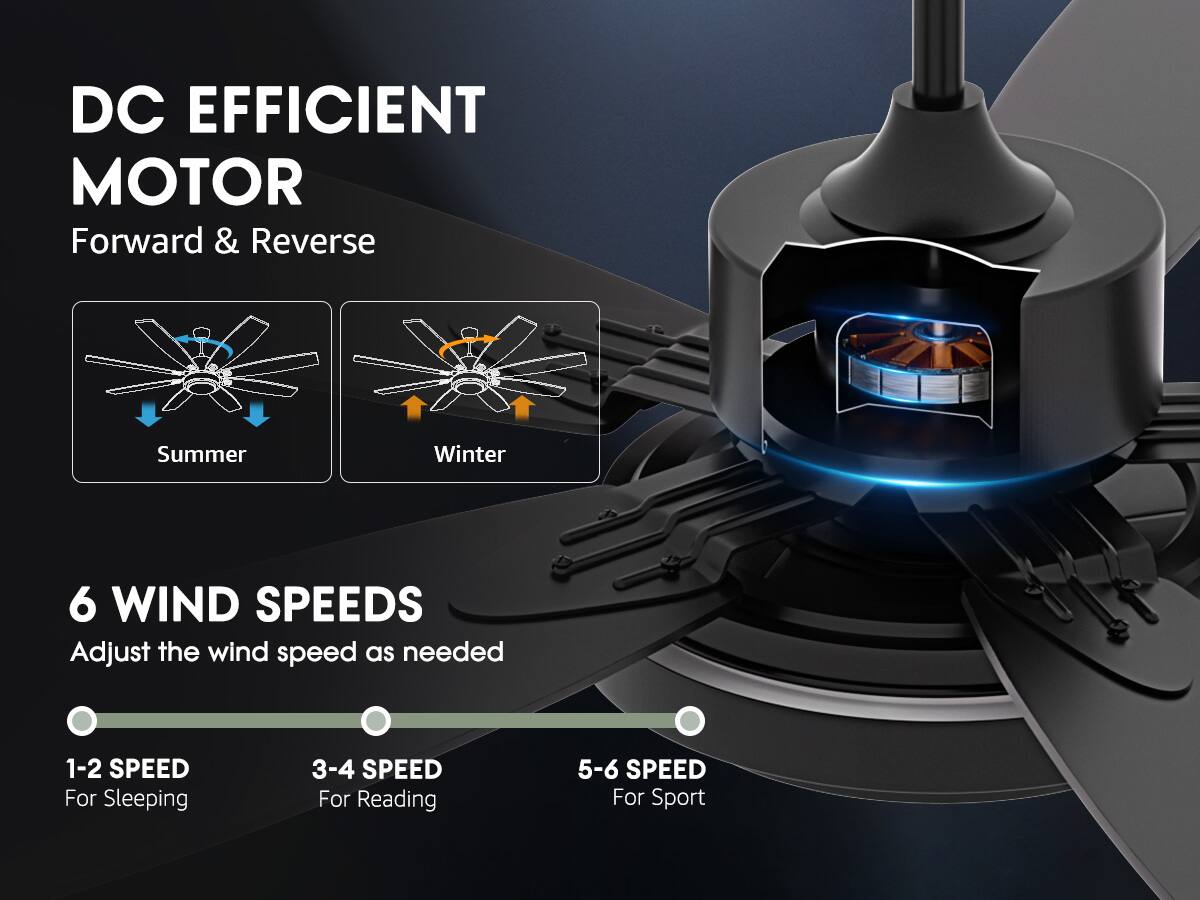 DC EFFICIENT MOTOR  
Forward & Reverse  

Summer  
Winter  

6 WIND SPEEDS  
Adjust the wind speed as needed  

1-2 SPEED  
For Sleeping  

3-4 SPEED  
For Reading  

5-6 SPEED  
For Sport