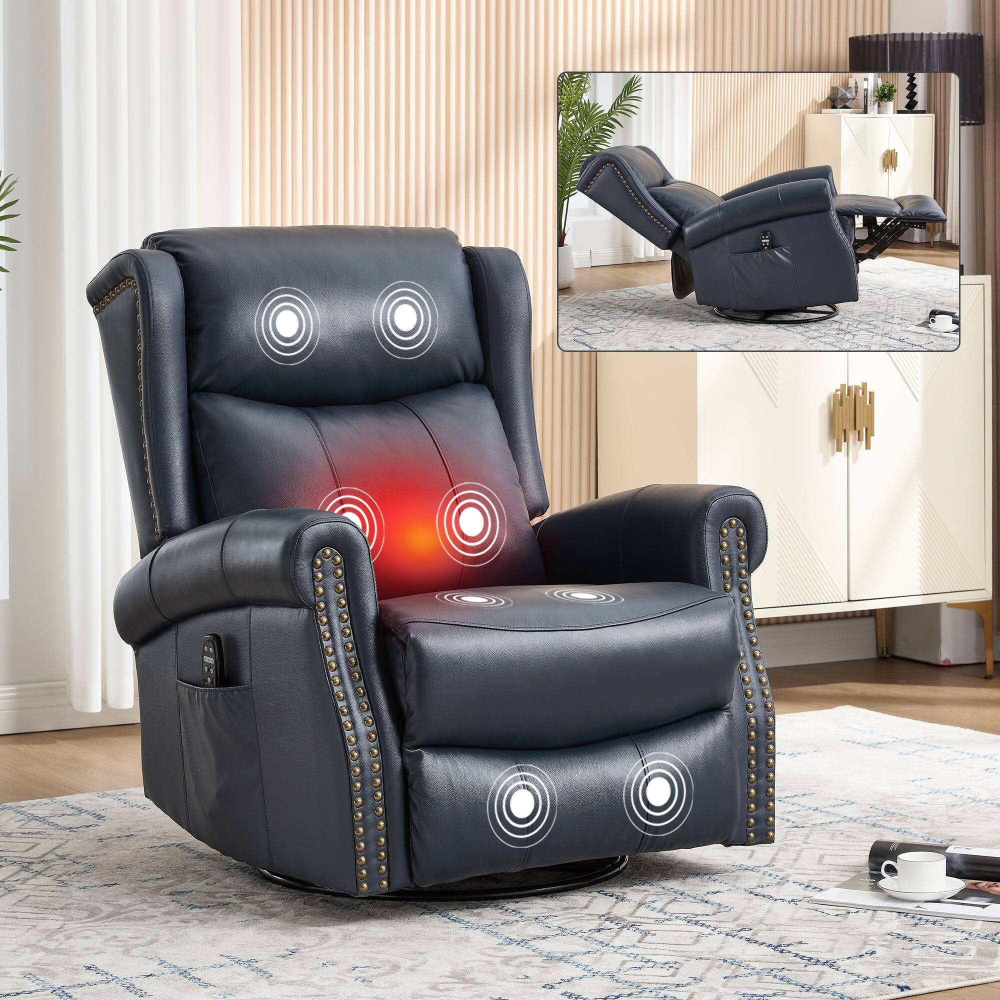 Alt View 1. Boyel Living - Blue Genuine leather Heat Massage Manual Recliner Chair with Rocker and Swivel for Living Room - Blue.