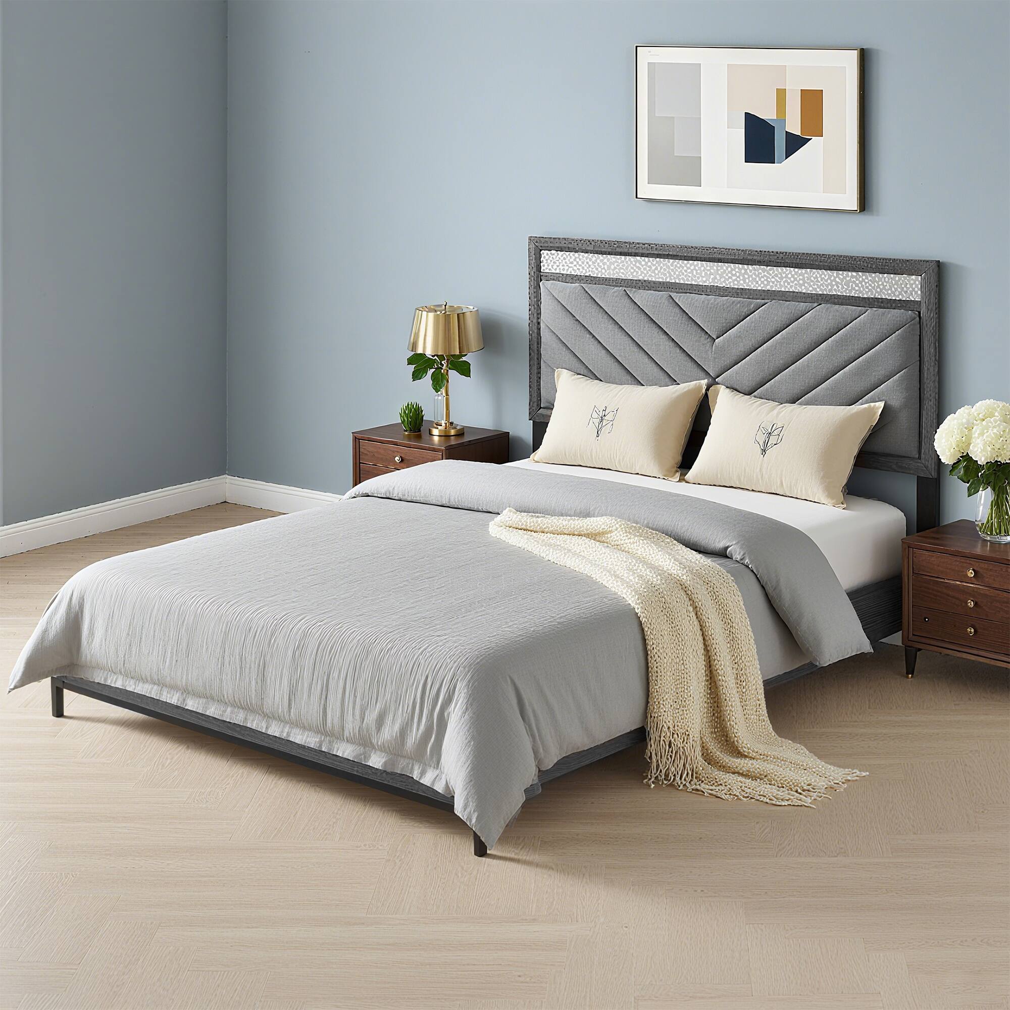 Angle. Vaczon - Full/Double Upholstered Bed Frame with Storage Drawers and Crystal-Like Handles Space-Saving Modern Bedroom Bed - Gray.