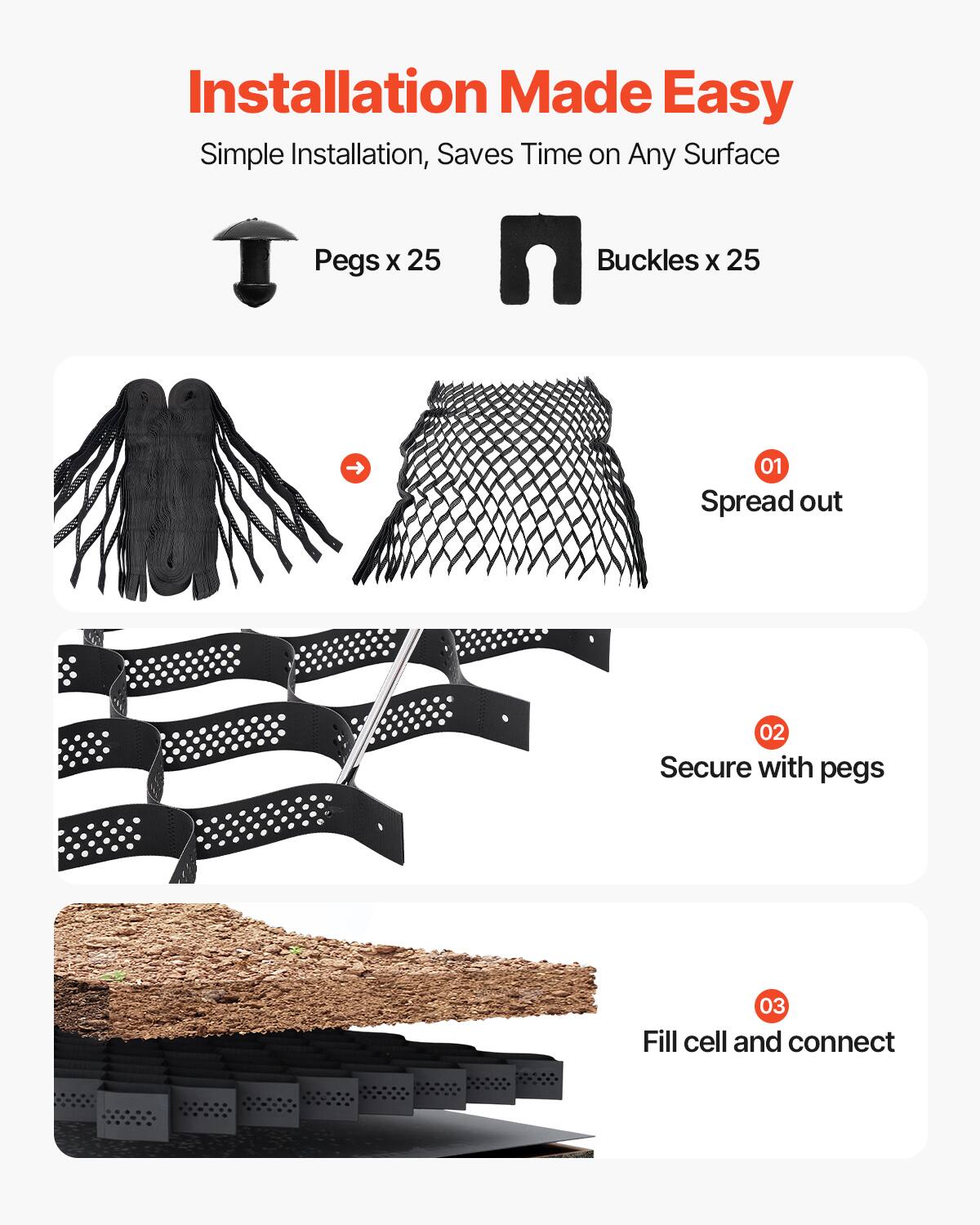 Installation Made Easy
Simple Installation, Saves Time on Any Surface
Pegs x 25
Buckles x 25
01 Spread out
02 Secure with pegs
03 Fill cell and connect
