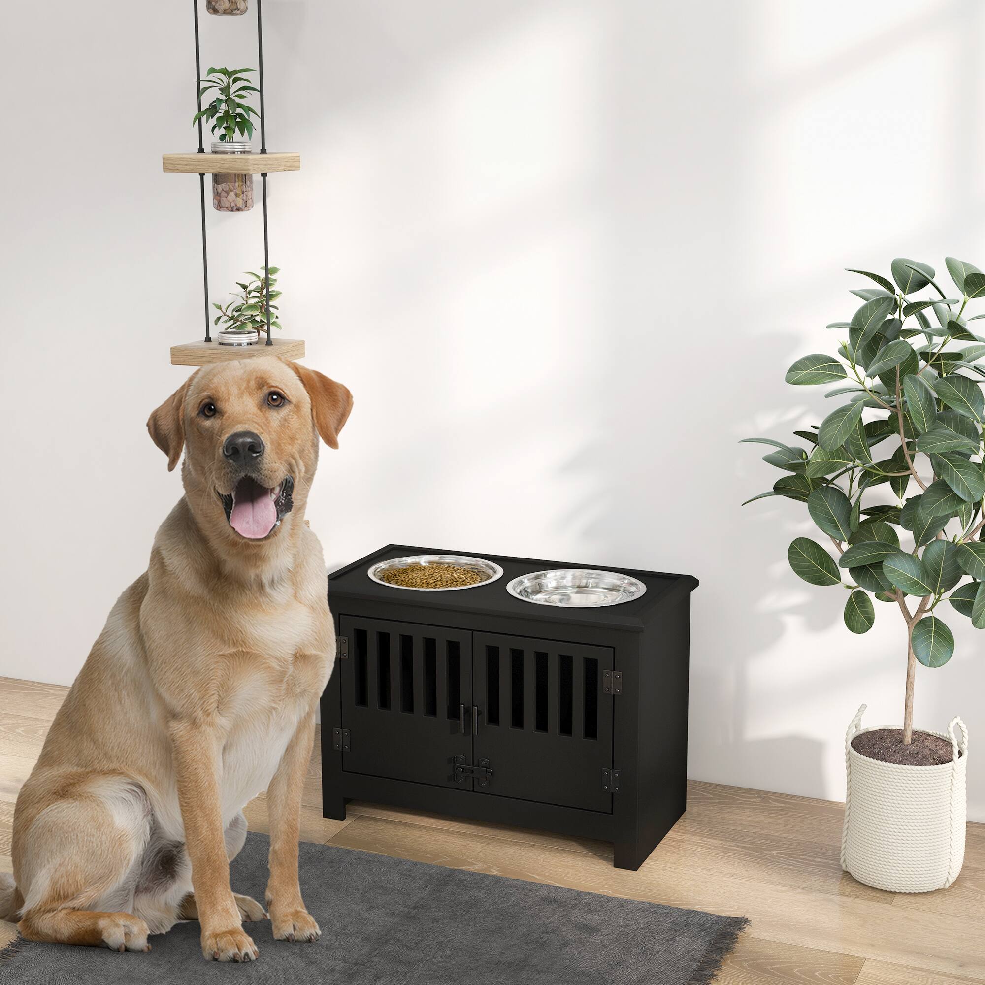 Angle. Pawhut - Large Elevated Dog Bowls with Cabinet Containing 37L Capacity, Bowl Stand, Food Bowl, Feeding Station - Black.