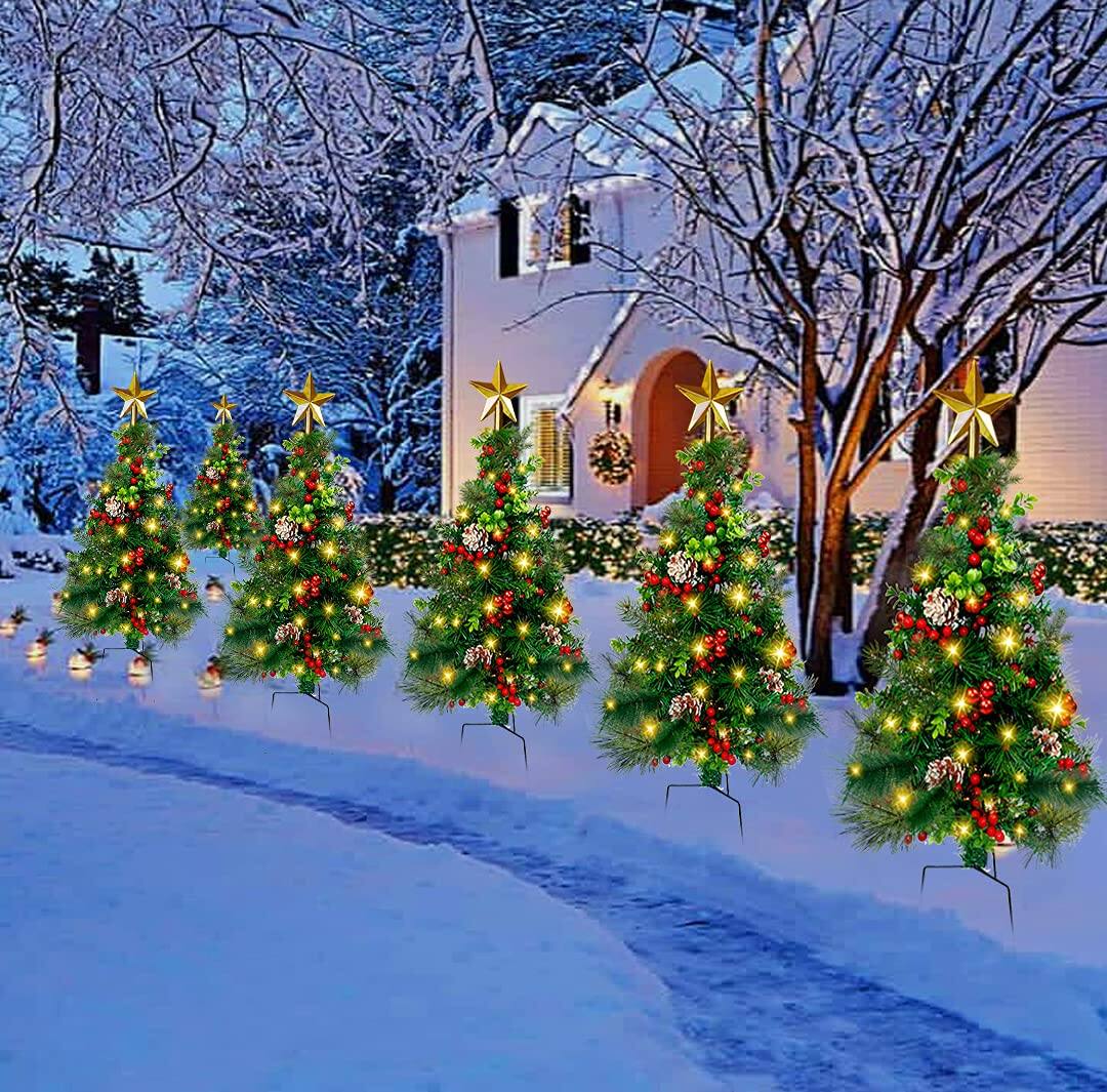Alt View 1. TECH SAFARI - Outdoor Artificial Christmas Tree Lighted Porch Trees Outside Pathway Pine With Berries Ornaments For Grave... - Default.