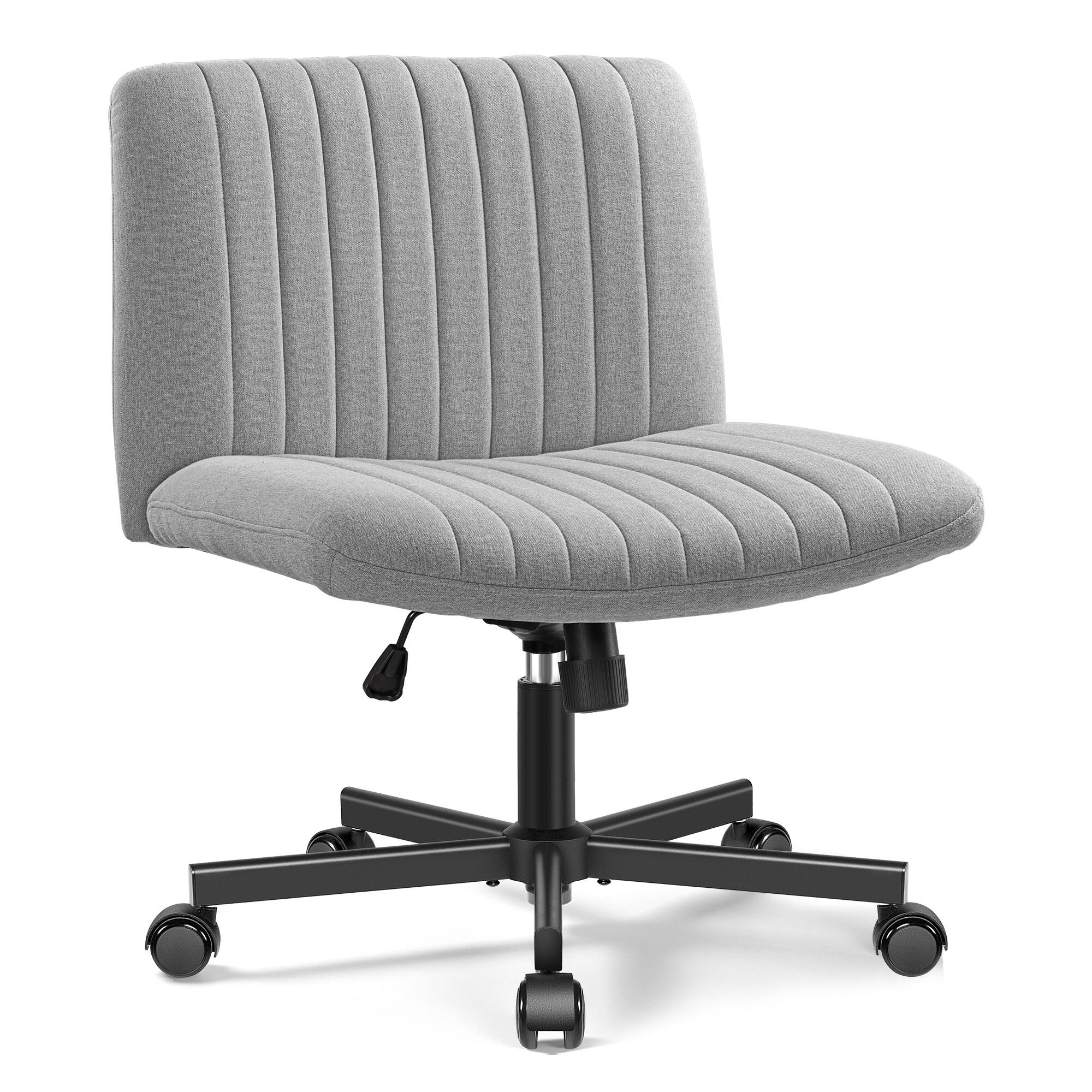 Angle. Brick Attic - Criss Cross Chair with Wheels, Wide Cross Legged Office Desk Vanity Chair Comfy Fabric Armless Adjustable Swivel - Light Gray.