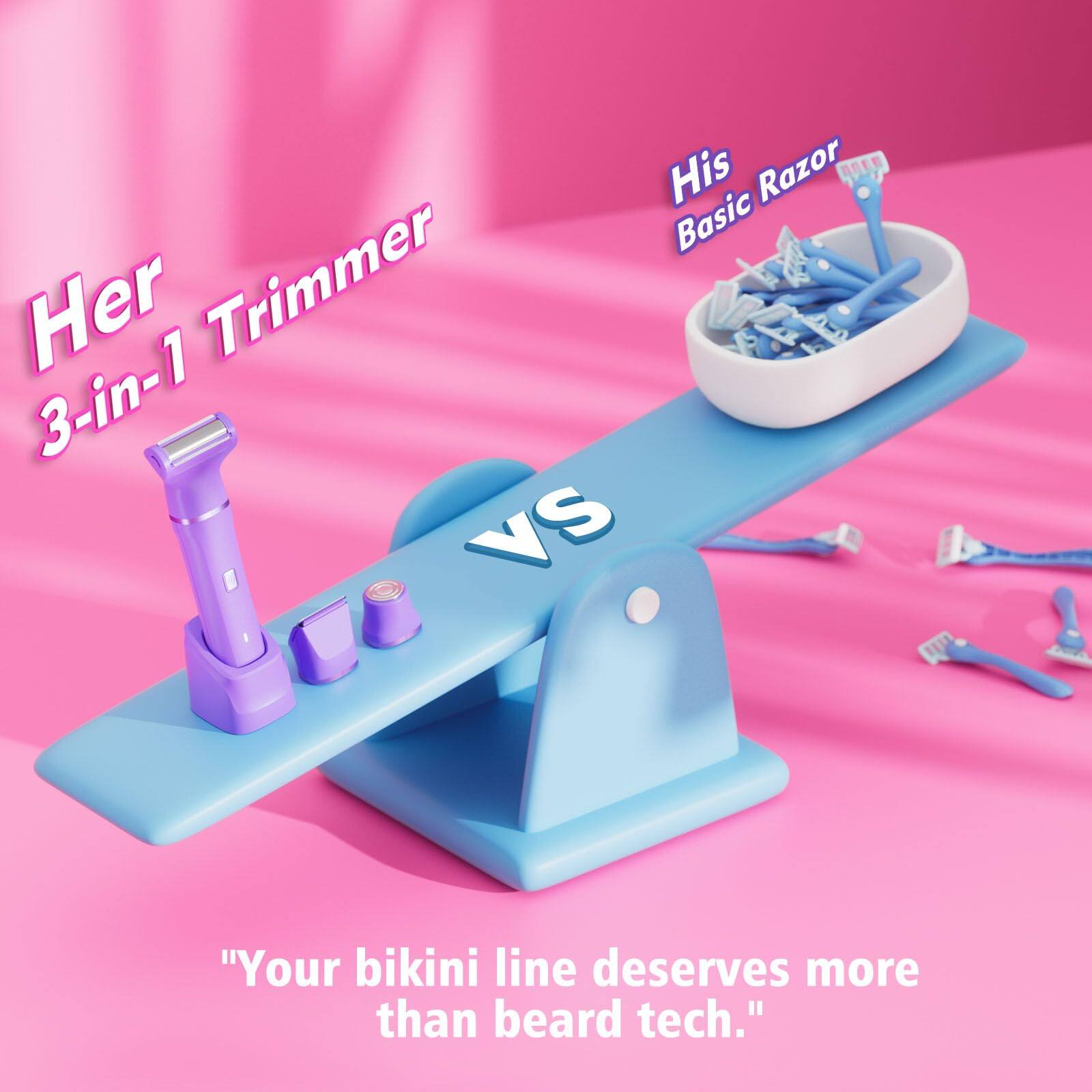 His Basic Razor AREE Her 3-in-1 Trimmer VS "Your bikini line deserves more than beard tech."