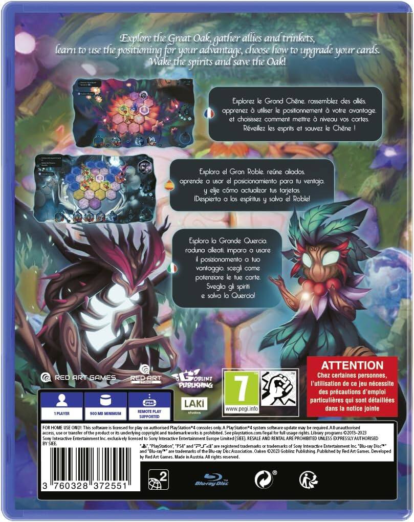 Explore the Great Oak, gather allies and trinkets, learn to use the positioning for your advantage, choose how to upgrade your cards. Wake the spirits and save the Oak!

Explorez le Grand Chêne, rassemblez des alliés, apprenez à utiliser le positionnement à votre avantage, et choisissez comment mettre à niveau vos cartes. Réveillez les esprits et sauvez le Chêne !

Explora el Gran Roble, reúne aliados, aprende a usar el posicionamiento para tu ventaja, elige cómo actualizar tus tarjetas. Despierta los espíritus y salva el Roble!

Esplora il Grande Quercia, raduna alleati, impara a usare il posizionamento a tuo vantaggio, scegli come potenziare le tue carte. Svegli gli spiriti e salva la Quercia!

---

**ATTENTION**  
Chez certaines personnes, l'utilisation de ce jeu nécessite des précautions d'emploi particulières qui sont détaillées dans la notice jointe.

---

**RED ART GAMES**  
**RED ART GAMES**  
**OBLIN
