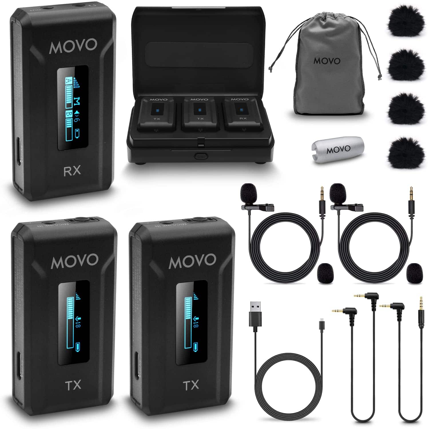 MOVO - WMX-2-DUO Dual Wireless Lavalier Microphone System with Charging Case for Cameras
