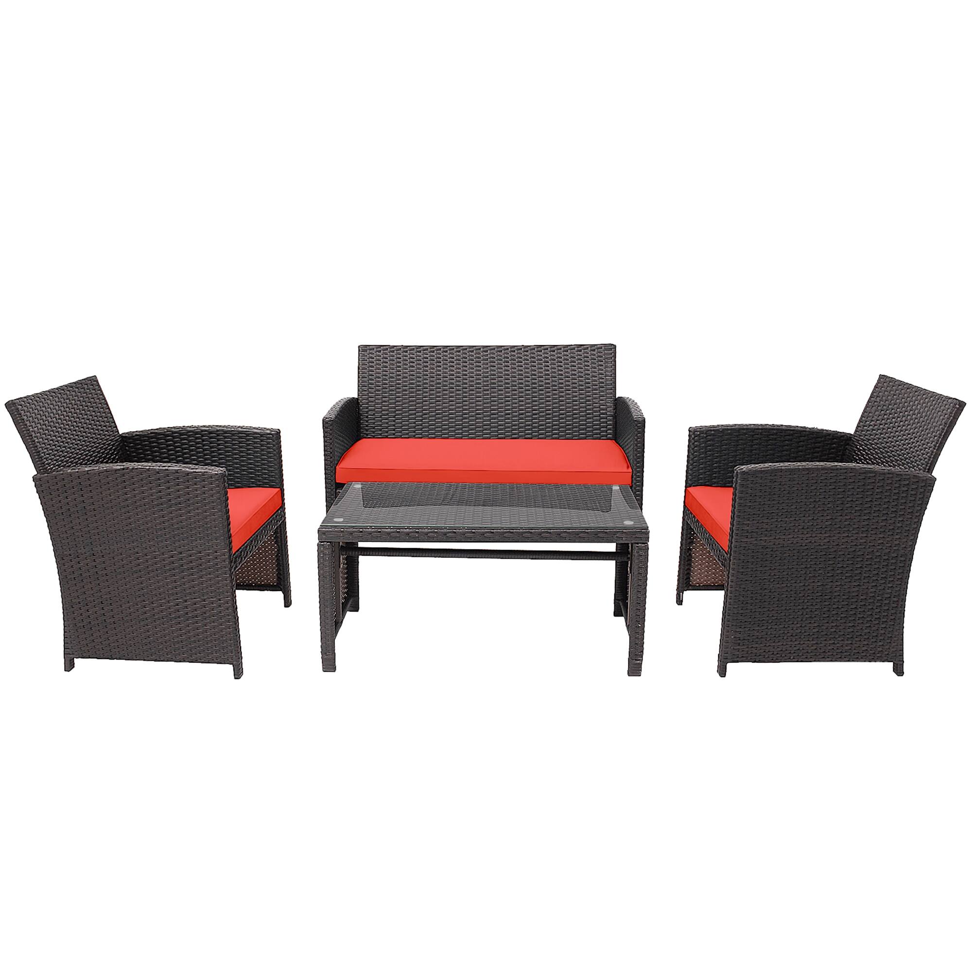 Alt View 8. Gymax - Gymax 4PCS Patio Conversation Set Outdoor Rattan Furniture Set w/ Red Cushions - Red.