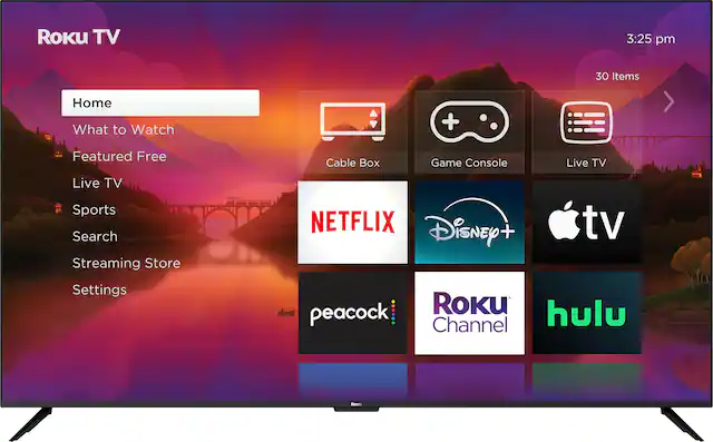 Roku TV 3:25 pm 30 Items Home What to Watch Featured Free Cable Box Game Console Live TV Live TV Sports Search Streaming Store NETFLIX Disney+ peacock ROKU hulu Channel ROKU