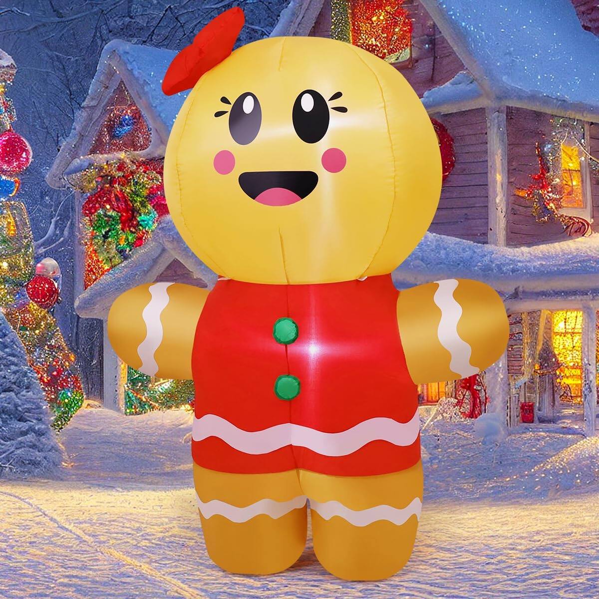 Angle. GOOSH Inflatables - GOOSH 6.7 FT Christmas Inflatables Gingerbread Girl Inflatable with Built-in LEDs - Brown.