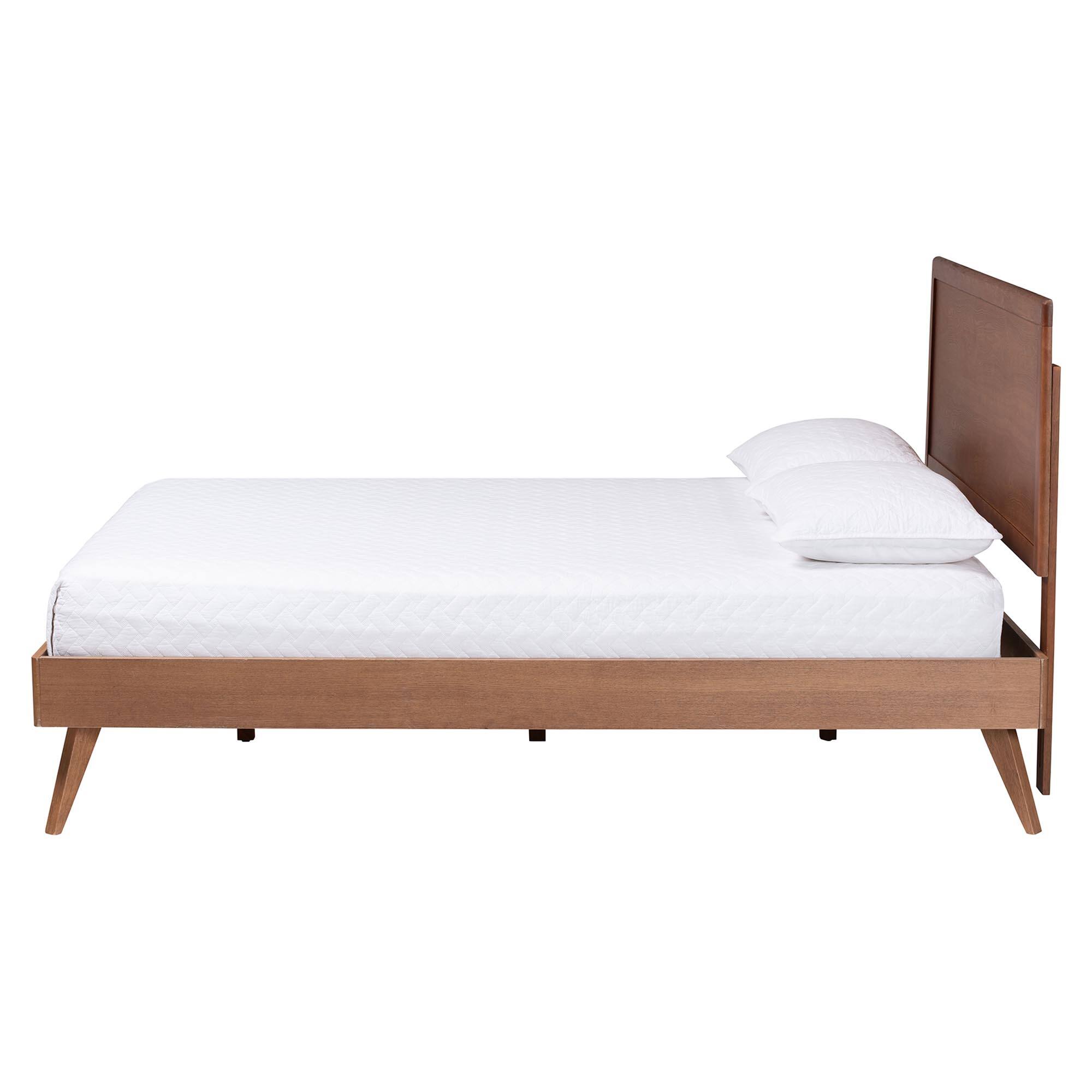 Angle. Baxton Studio - Jiro Platform Bed - Mid-Century Modern Wood Bed Frame with Panel Headboard and Angled Legs, Full - Ash Walnut.