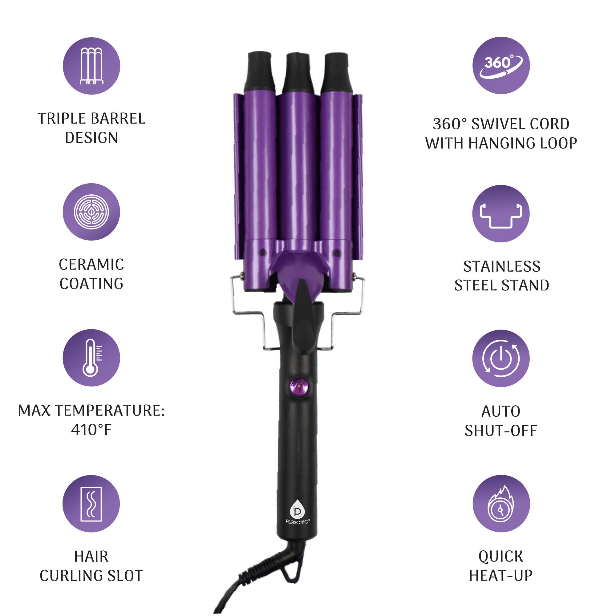 - Triple Barrel Design
- Ceramic Coating
- Max Temperature: 410°F
- Hair Curling Slot
- 360° Swivel Cord with Hanging Loop
- Stainless Steel Stand
- Auto Shut-Off
- Quick Heat-Up