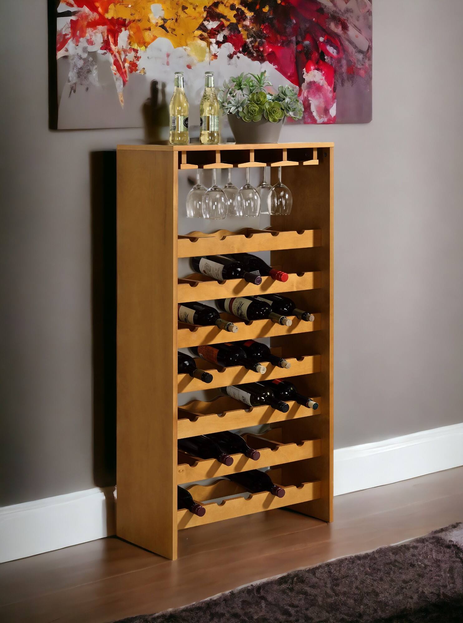 Angle. TinyHomie - Hanzi Oak Finish Wine Rack.