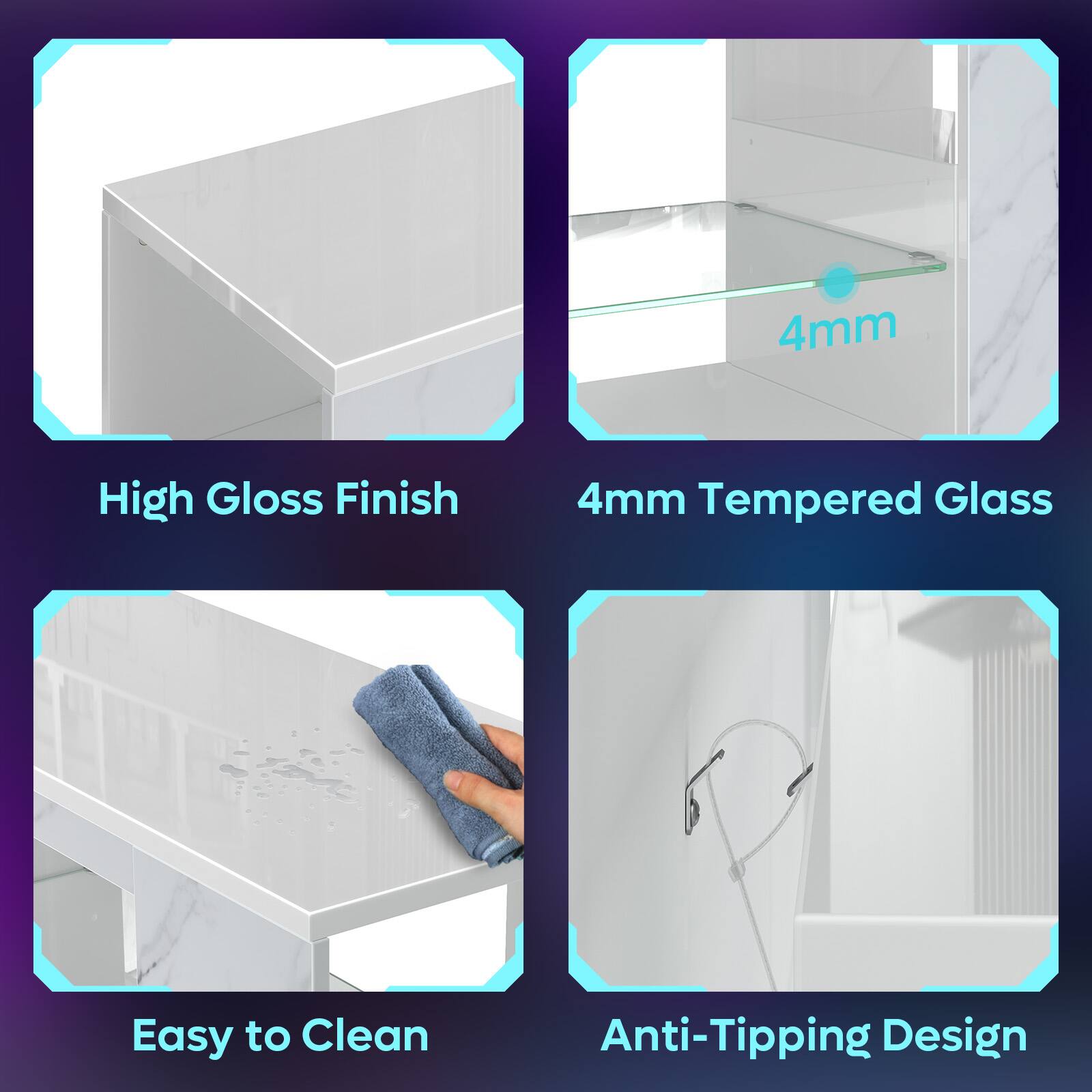 The image shows a display of a glass countertop with a 4mm high gloss finish. The glass is also anti-tipping, ensuring it stays in place. The display also features a 4mm tempered glass, which is designed to be easy to clean.