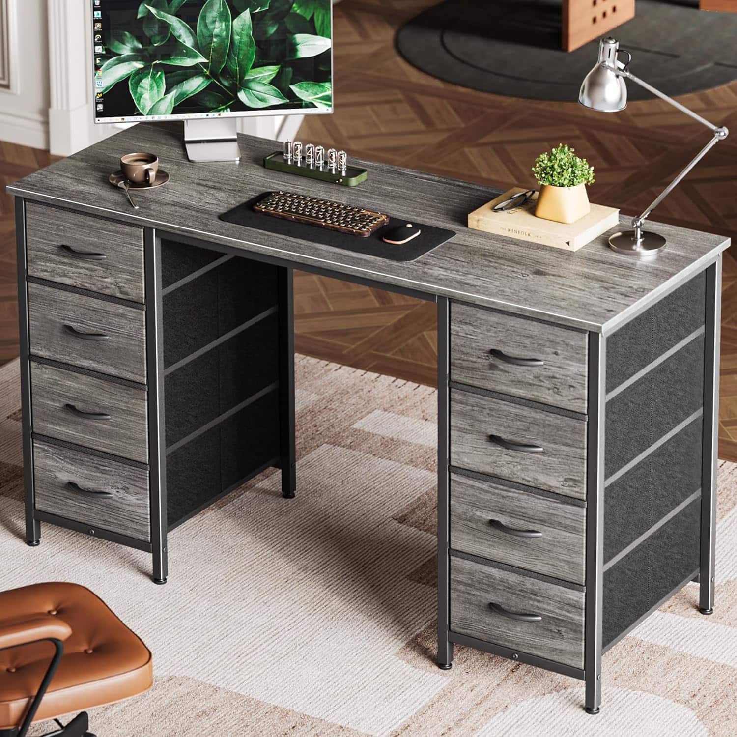 Zell Electronics - 47 Inch Office DeskEight Fabric Drawers for Home Office, Study, or Gaming with Large Storage Space - Grey