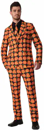 Front. Forum Novelties - Men's Halloween Pumpkin Suit & Tie Costume Size X-Large - Orange.