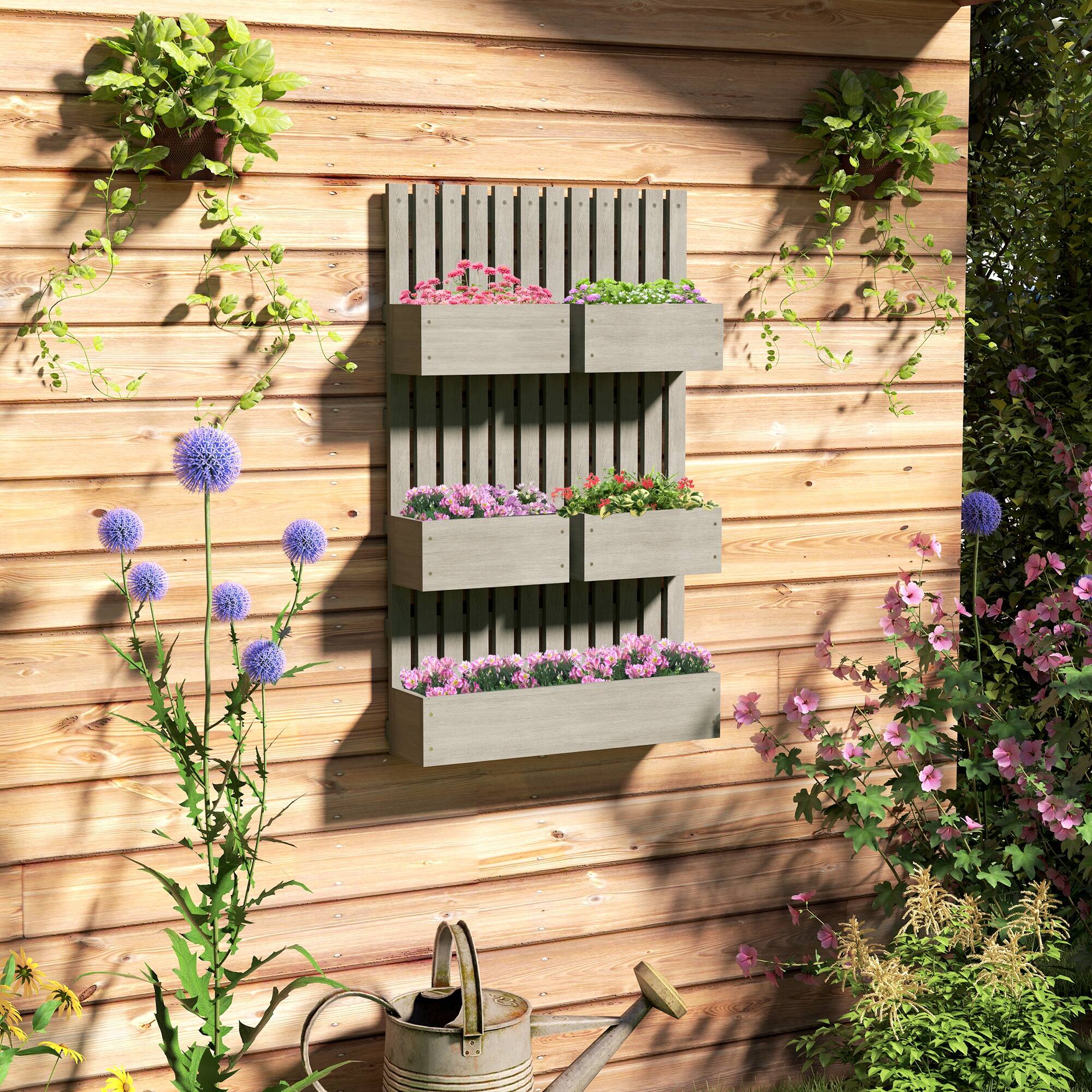 Alt View 1. Outsunny - 5 Box Raised Garden Bed with Trellis for Vine Flowers & Climbing Plants, 39" Tall Wall-Mounted Wood Planter Box Set - Gray.