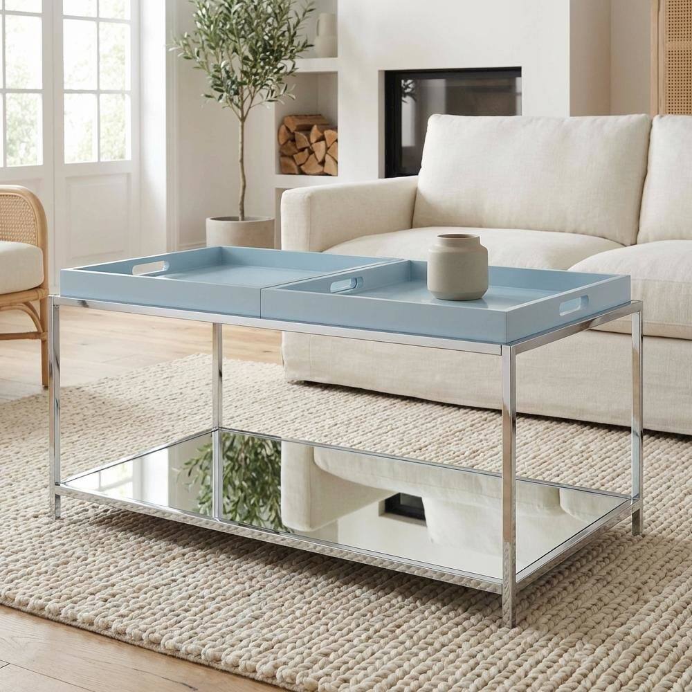 Back. FurniFact - Sea Foam Coffee Table with Chrome Frame and Modern Style Accent - SEA FOAM.