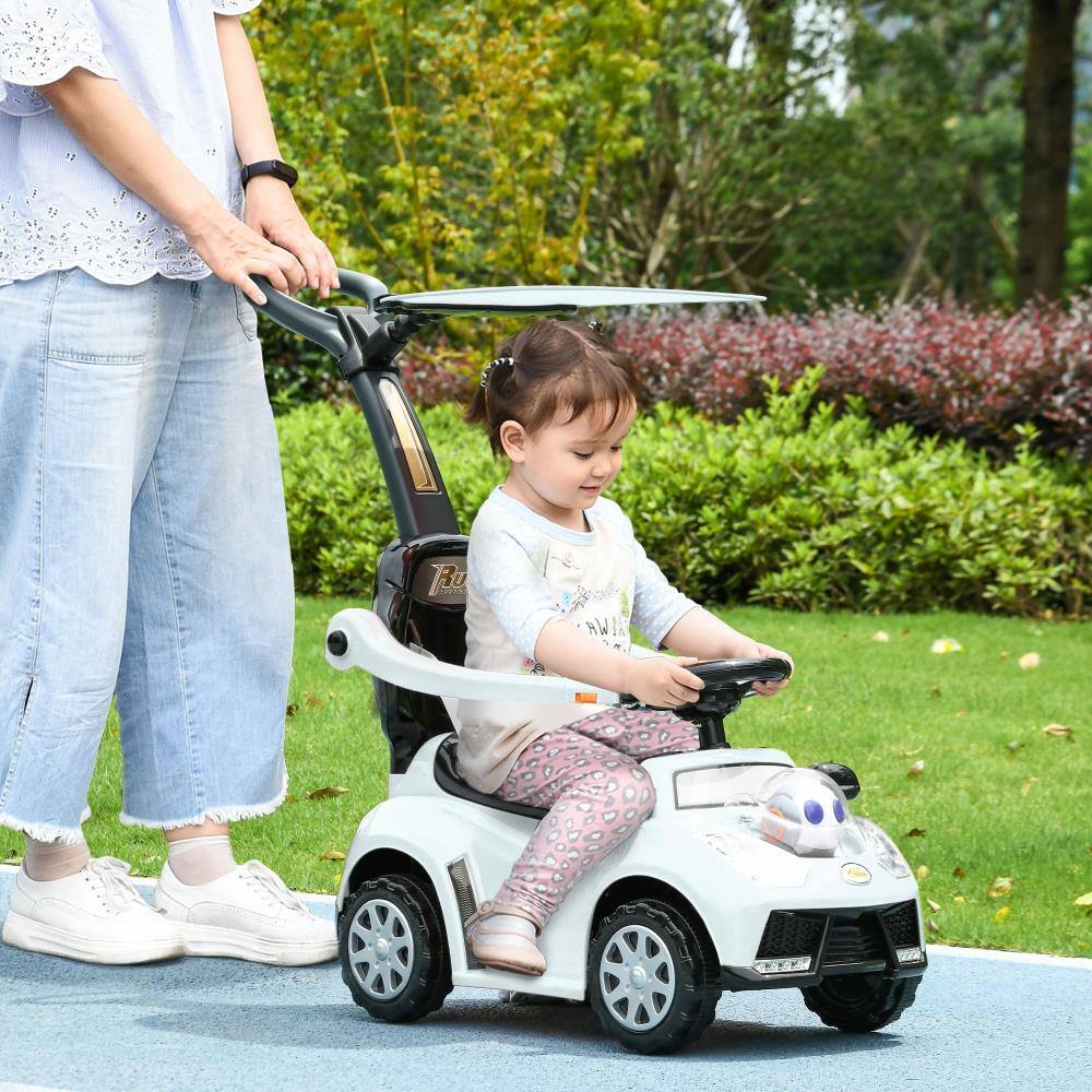 Angle. BreeBe - Qaba 3-in-1 Push Car for Kids 1-3 Years, Ride On Sliding Car with Removable Handle, Music, Horn, Canopy, Safety Rail - White.