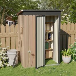 Anysun - 4.27 FT x 2.42 FT Metal Garden Shed – 5 x 3 FT Pent Roof with Hinge Door, Galvanized Steel Outdoor Storage - Black+Brown