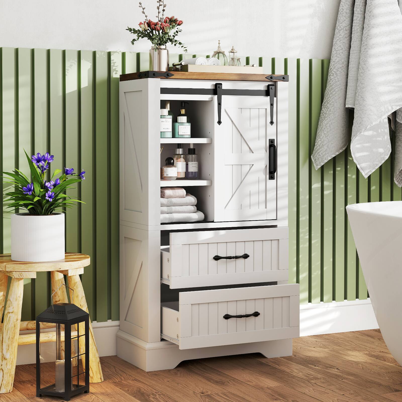 Alt View 1. Gymax - Gymax Farmhouse Bathroom Floor Cabinet w/Sliding Door Adjustable Shelves & 2 Drawers - White.
