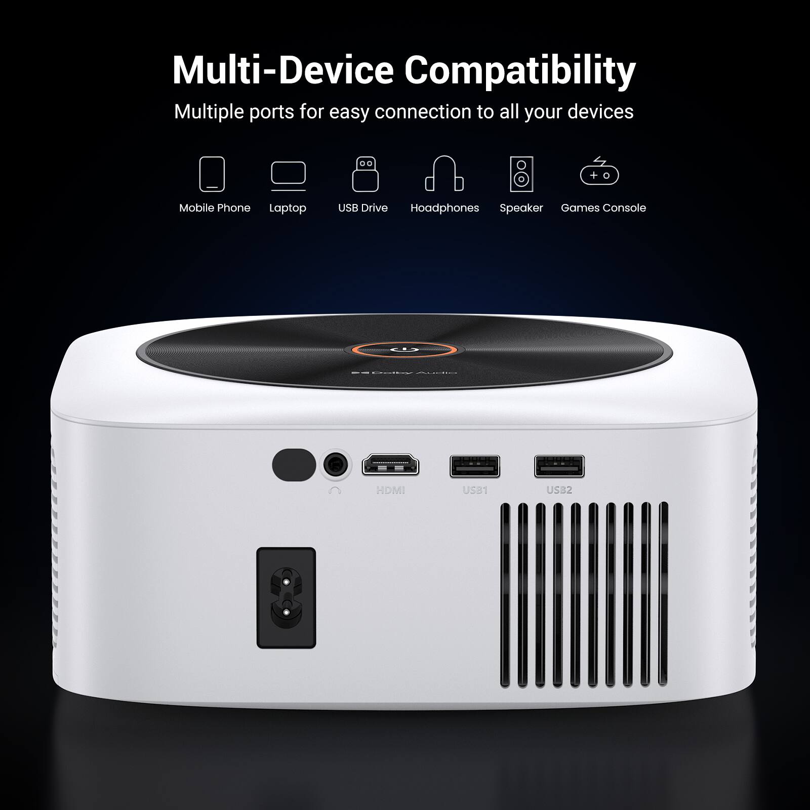 Multi-Device Compatibility  
Multiple ports for easy connection to all your devices  

- Mobile Phone  
- Laptop  
- USB Drive  
- Headphones  
- Speaker  
- Games Console  

USB1  
USB2  
HDMI