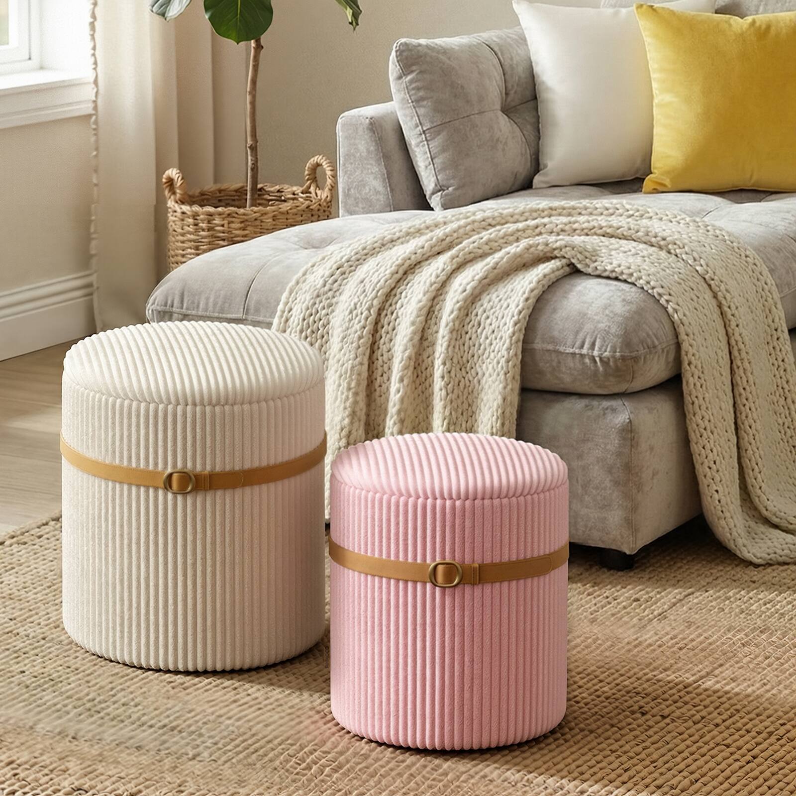 Angle. Pinmoco - Pinmoco Round Storage Ottoman Set of 2, Modern Upholstered Foot Rest Stool, 300 lbs Capacity - White pink.
