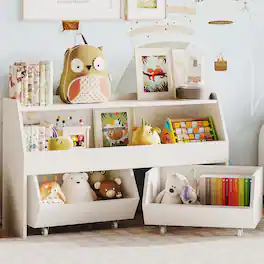 DIYSET - Kids Bookshelf and Toy Organizer 40Inch WoodenStorage Bookcase Decorative Bookshelf Toy StorageCabinet with Wheels - White