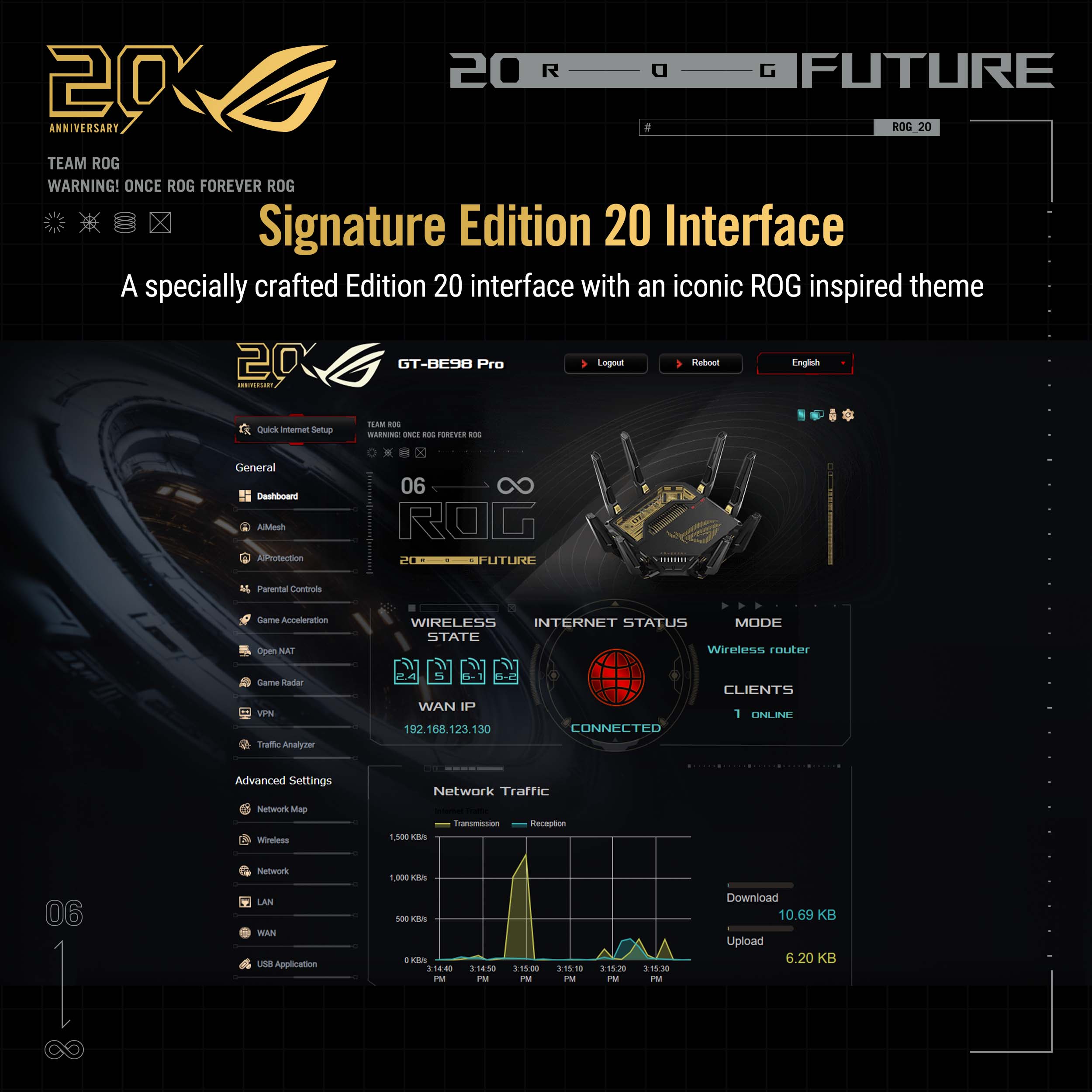 20th Anniversary ROG 20 Team ROG  
Warning! Once ROG Forever ROG  
Signature Edition 20 Interface  
A specially crafted Edition 20 interface with an iconic ROG inspired theme  

GT-BE98 Pro  
Quick Internet Setup  
General  
Dashboard  
Aimesh  
AI Protection  
Parental Controls  
Game Acceleration  
Open-NAT  
Game Radar  
VPN  
Traffic Analyzer  

Advanced Settings  
Network Map  
Wireless  
Network  
LAN  
WAN  
USB Application  

Wireless Internet Status  
Mode: Wireless Router  
Clients: 1 Online  
WAN IP: 192.168.123.130  

Network Traffic  
Download: 10.69 KB  
Upload: 6.20 KB