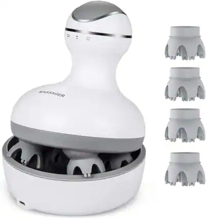 Front. DORLUKFU - Scalp Massager with 4 Replacement Massage Heads Portable Head Scratcher with Tissue Kneading Nodes Gifts Idea Stress.