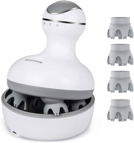 Front. DORLUKFU - Scalp Massager with 4 Replacement Massage Heads Portable Head Scratcher with Tissue Kneading Nodes Gifts Idea Stress.