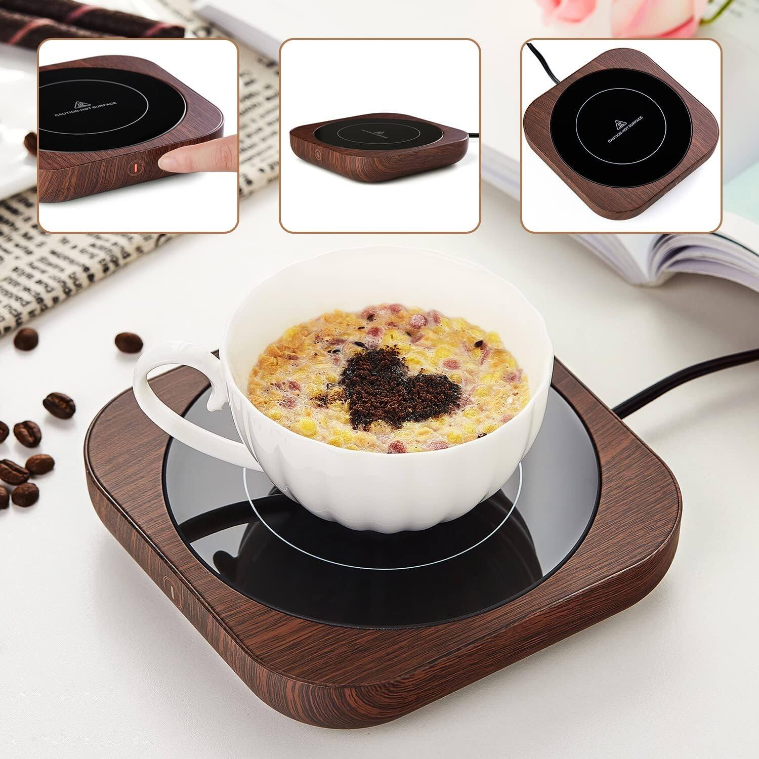 Angle. Schertz - Coffee Mug Warmer – 3 Temp Settings, Auto Shutoff, Wood Grain, Glass - Brown.